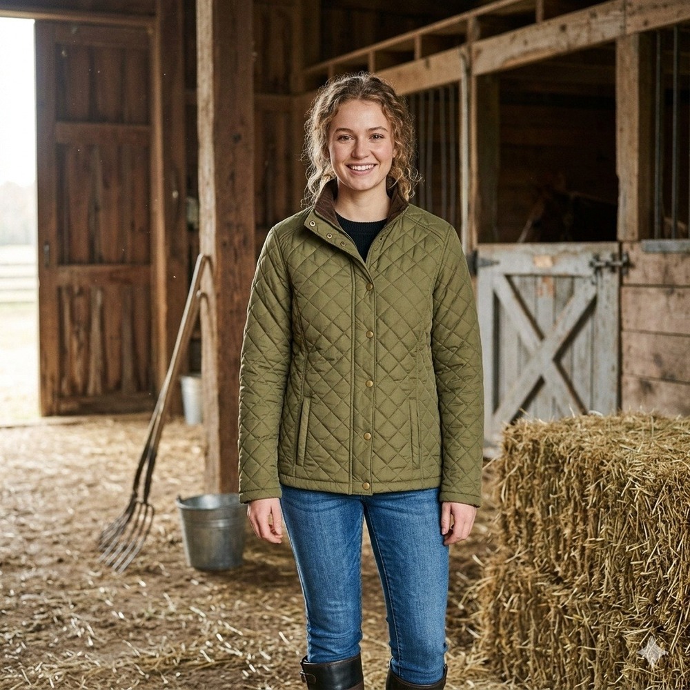 Equestrian Barncore Country Store Quilted Barn Jacket Womens S Olive Green